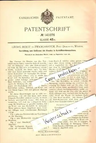 Original Patent - Georg Holtz in Zwangsbruch b. Drausnitz / Drausnest , 1901 , Kartoffel-Erntemaschine , Agrar !!!