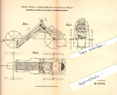 Original Patent - Georg Holtz in Zwangsbruch b. Drausnitz / Drausnest , 1901 , Kartoffel-Erntemaschine , Agrar !!!