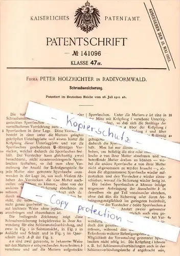Original Patent - Firma Peter Holzrichter in Radevormwald , 1901 , Schraubensicherung !!!