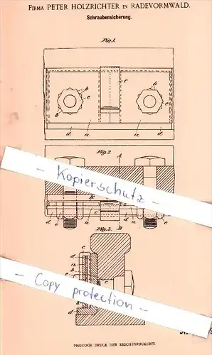 Original Patent - Firma Peter Holzrichter in Radevormwald , 1901 , Schraubensicherung !!!