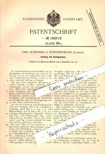 Original Patent - Emil Schenker in Schönenwerd b. Olten , 1901 , Vorhang mit Auslegearmen !!!