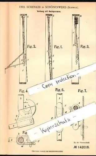 Original Patent - Emil Schenker in Schönenwerd b. Olten , 1901 , Vorhang mit Auslegearmen !!!