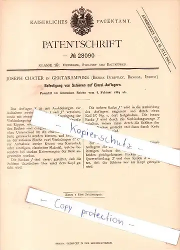 Original Patent - J. Chater in Gertarampore , Bezirk Burdwan , Bengal , Indien , 1884 , !!!