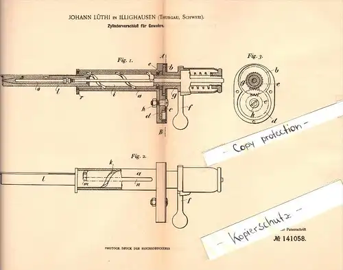Original Patent - Johann Lüthi in Illighausen , Thurgau , 1901 , Zylinderverschluss für Gewehre , Gewehr , Lengwil !!!