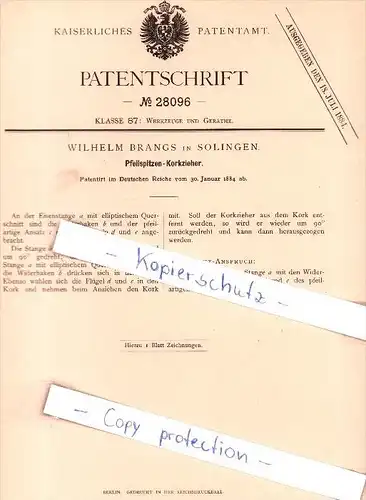 Original Patent - Wilhelm Brangs in Solingen , 1884 , Pfeilspitzen-Korkzieher , Korkenzieher !!!