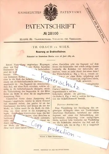 Original Patent - Th. Obach in Wien , 1883 , Neuerung an Drahtseilbahnen , Seilbahn !!!