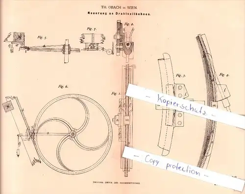 Original Patent - Th. Obach in Wien , 1883 , Neuerung an Drahtseilbahnen , Seilbahn !!!