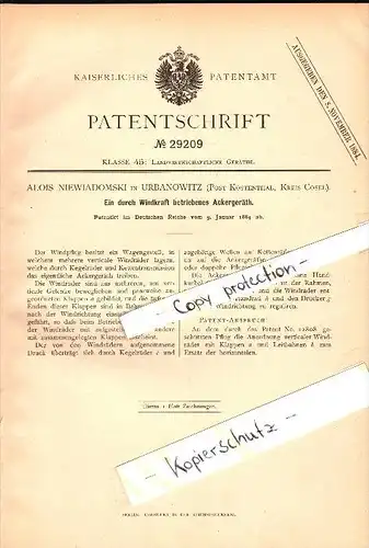 Original Patent - Alois Niewiadomski in Urbanowitz b. Cosel / Kozle , 1884 , Ackergerät mit Windkraft , Schlesien !