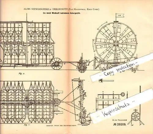 Original Patent - Alois Niewiadomski in Urbanowitz b. Cosel / Kozle , 1884 , Ackergerät mit Windkraft , Schlesien !