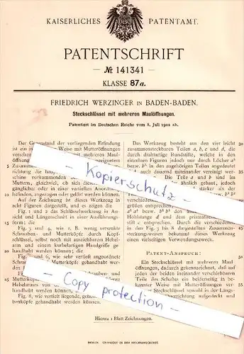 Original Patent - F. Werzinger in Baden-Baden , 1902 , Steckschlüssel mit Maulöffnungen !!!