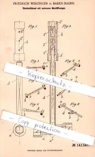 Original Patent - F. Werzinger in Baden-Baden , 1902 , Steckschlüssel mit Maulöffnungen !!!