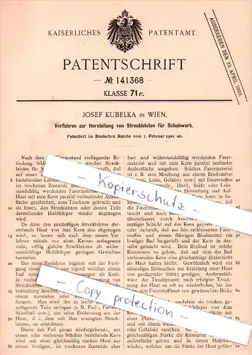 Original Patent - Josef Kubelka in Wien , 1902 , Streckleisten für Schuhwerk , Schuhmacher !!!