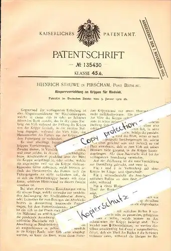 Original Patent - Heinrich Struwe in Pirscham b. Breslau , 1902 , Absperrvorrichtung an Krippen , Rinderzucht !!!