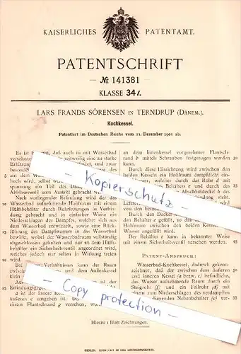 Original Patent - Lars Frands Sörensen in Terndrup , Dänem. , 1901 , Kochkessel !!!