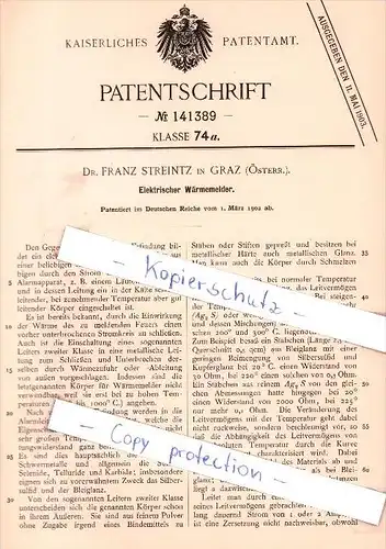 Original Patent - Dr. Franz Streintz in Graz , Österr. , 1902 , Elektrischer Wärmemelder !!!