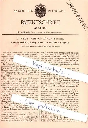 Original Patent - G. Wild in Riesbach-Zürich , Schweiz , 1889 , Rotations-Fleischwiegemaschine  !!!