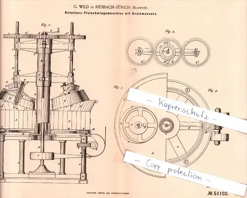 Original Patent - G. Wild in Riesbach-Zürich , Schweiz , 1889 , Rotations-Fleischwiegemaschine  !!!