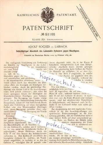 Original Patent - Adolf Socher in Laibach , 1889 , Abschluß des Lokomotiv-Cylinders !!!