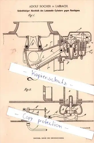 Original Patent - Adolf Socher in Laibach , 1889 , Abschluß des Lokomotiv-Cylinders !!!