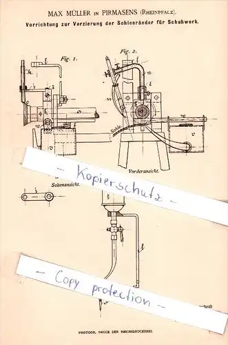 Original Patent - M. Müller in Pirmasens , Rheinpfalz , 1889 , Verzierung der Sohlenränder für Schuhwerk !!!