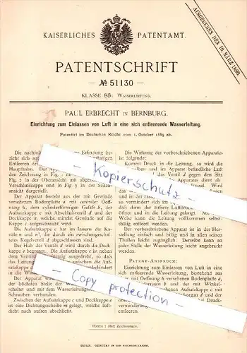 Original Patent - Paul Erbrecht in Bernburg , 1889 , Einlassen von Luft in eine Wasserleitung !!!