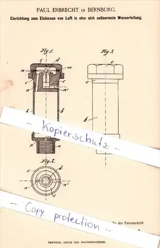 Original Patent - Paul Erbrecht in Bernburg , 1889 , Einlassen von Luft in eine Wasserleitung !!!