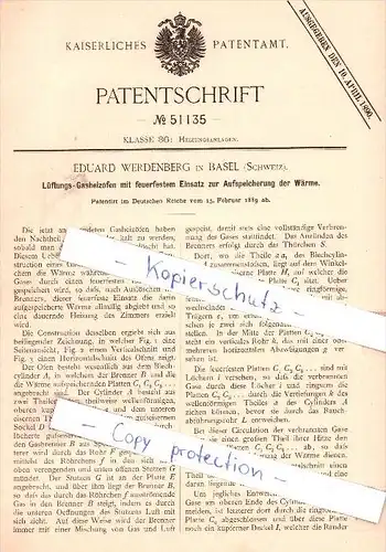 Original Patent - E. Werdenberg in Basel , Schweiz , 1889 ,  Lüftungs-Gasheizofen mit Einsatz  !!!