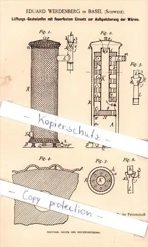 Original Patent - E. Werdenberg in Basel , Schweiz , 1889 ,  Lüftungs-Gasheizofen mit Einsatz  !!!