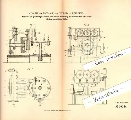 Original Patent - Adolph von Babo in Neurod b. Ettlingen , 1884 , Maschine zur Bearbeitung von Muttern , Metallbau !!!