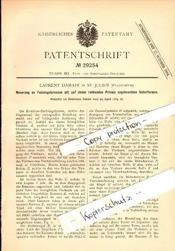 Original Patent - Laurent Damaze à Saint Julien , 1884 , Pliez-brique presse !!!