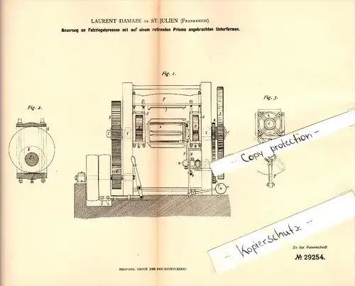 Original Patent - Laurent Damaze à Saint Julien , 1884 , Pliez-brique presse !!!