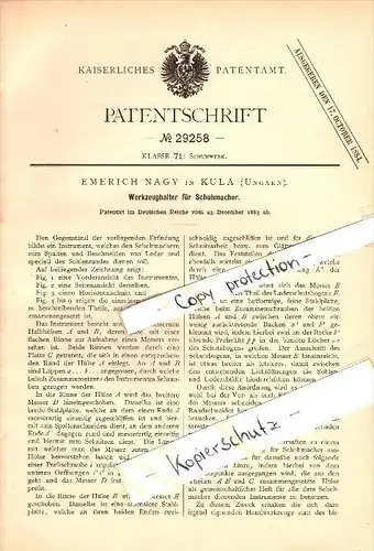 Original Patent - Emerich Nagy in Kula , Ungarn , 1883 , Werkzeughalter für Schuhmacher , Serbien !!!