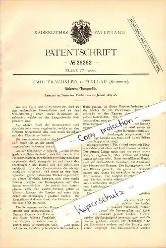 Original Patent - Emil Trachsler in Hallau , Schweiz , 1884 , Universal- Turngerät  , Turnen , Sport !!!