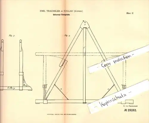 Original Patent - Emil Trachsler in Hallau , Schweiz , 1884 , Universal- Turngerät  , Turnen , Sport !!!