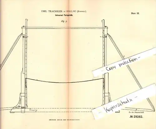 Original Patent - Emil Trachsler in Hallau , Schweiz , 1884 , Universal- Turngerät  , Turnen , Sport !!!