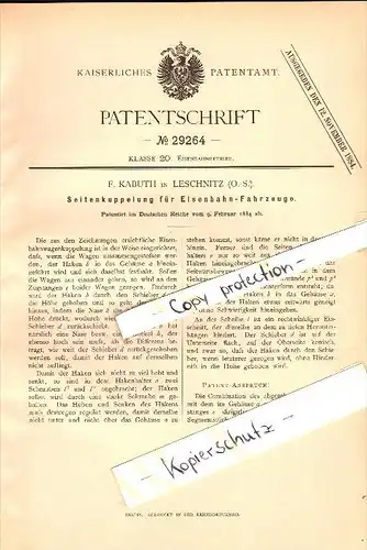 Original Patent - E. Kabuth in Leschnitz / Lesnica , 1884 , Kupplung für Eisenbahn , Schlesien !!!