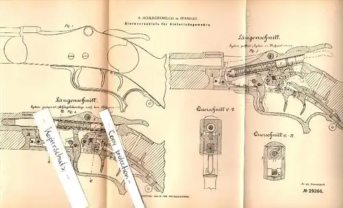 Original Patent - A. Schlegelmilch in Spandau , 1884 , Blockverschluß für Hinterlader , Gewehr , Berlin !!!