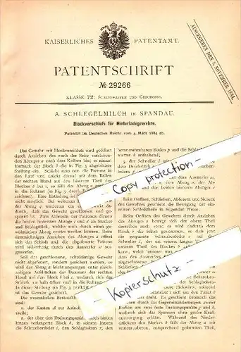 Original Patent - A. Schlegelmilch in Spandau , 1884 , Blockverschluß für Hinterlader , Gewehr , Berlin !!!