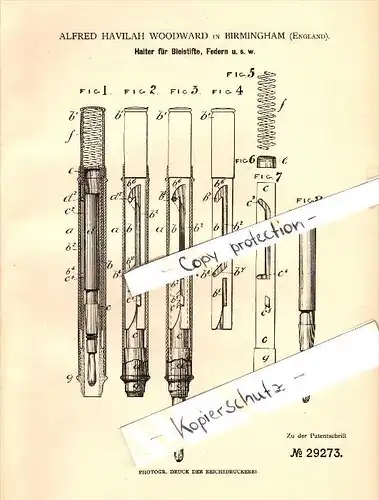 Original Patent - A. Woodward in Birmingham , 1884 , Halter für Bleistifte und Federn , Bleistift !!!