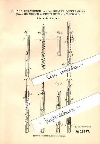 Original Patent - J. Helmreich und W. Dinkelmeier in Nürnberg , 1884 , Bleistifthalter , Bleistift !!!