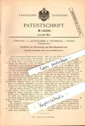 Original Patent - Gebhard von Alvensleben in Grünbach b. Erding , 1902 , Herstellung von Stereotypiematrizen , Bockhorn