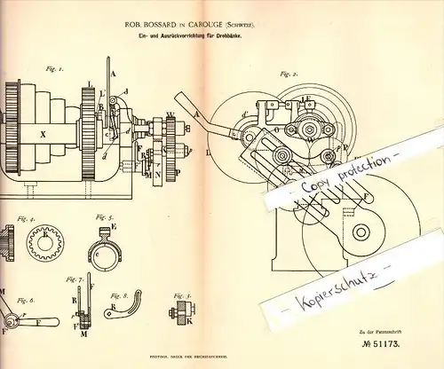Original Patent - R. Bossard in Carouge b. Genf , 1889 , Ausrückvorrichtung für Drehbank , Metallbau !!!