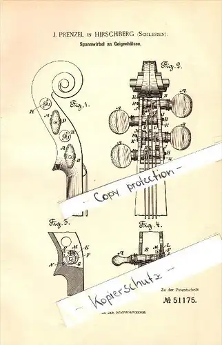 Original Patent - J. Prenzel in Hirschberg / Jelenia Góra , 1889 , Spannwirbel an Geigen , Geige , Violine , Musikalien