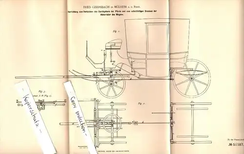 Original Patent - Friedrich Geiersbach in Mülheim a.d. Ruhr , 1889 , Apparat für Kutsche , Droschke , carriage !!
