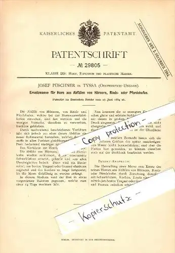 Original Patent - Josef Püschner in Tyssa / Tisá , 1884 ,Ersatzmasse für Horn aus Abfall , Elfenbein , Ústí nad Labem !!