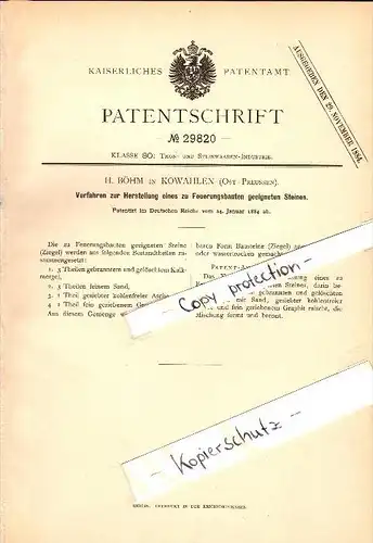 Original Patent - H. Böhm in Kowahlen / Kowale Oleckie i. Ostpreussen , 1884 , feuerfester Stein , Ziegelei , Olecko !!!