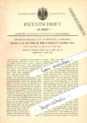 Original Patent - Heinrich Hencke & Co. in Grüneck / Neufahrn bei Freising , 1884 , Darre , Dampfapparat !!!