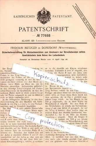 Original Patent - Fridolin Metzger in Donzdorf , Württemberg , 1894 , Häckselmaschinen !!!