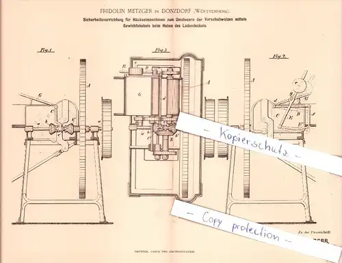 Original Patent - Fridolin Metzger in Donzdorf , Württemberg , 1894 , Häckselmaschinen !!!