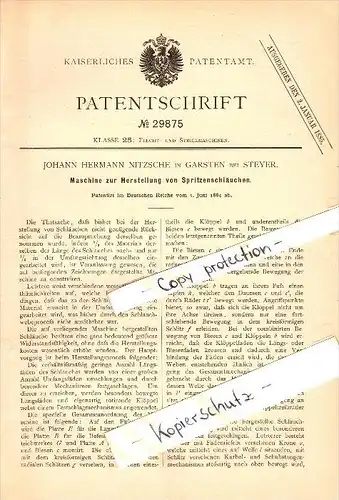 Original Patent - J.H. Nitzsche in Garsten b. Steyr , 1884 , Herstellung von Spritzenschläuchen !!!
